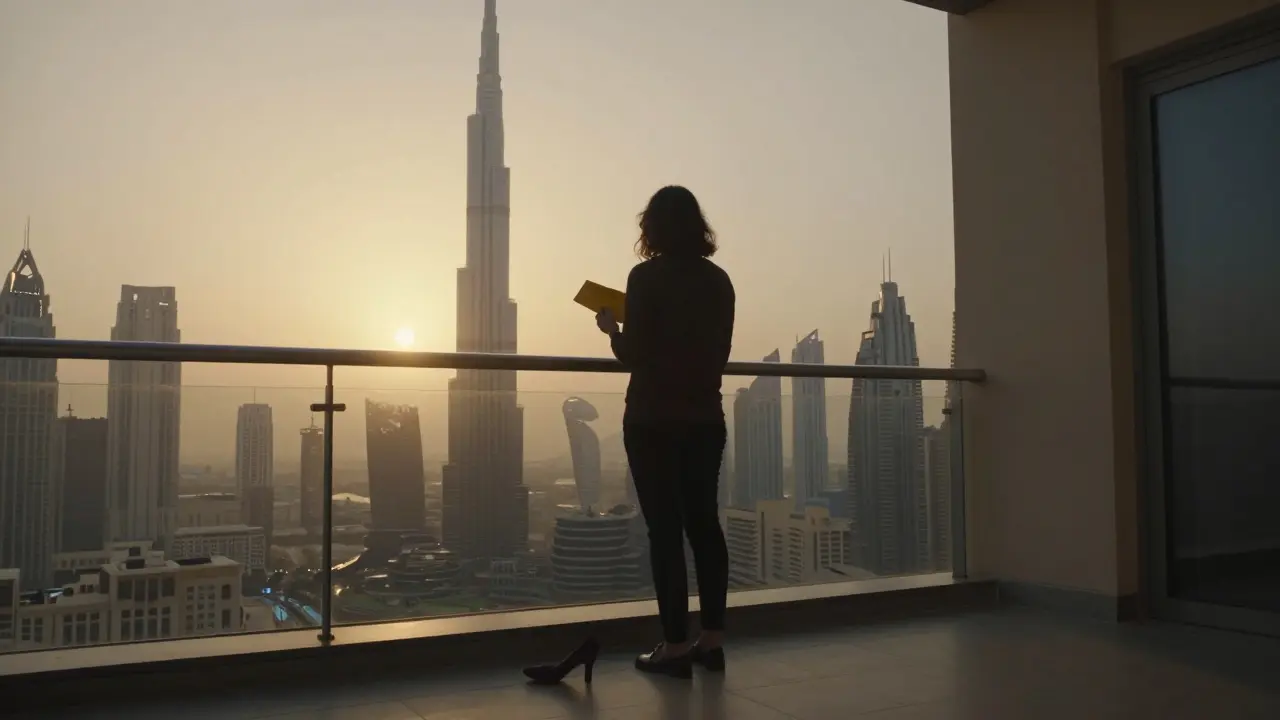 A solitary figure on a Dubai villa balcony at dawn, overlooking the skyline, holding a sealed envelope.
