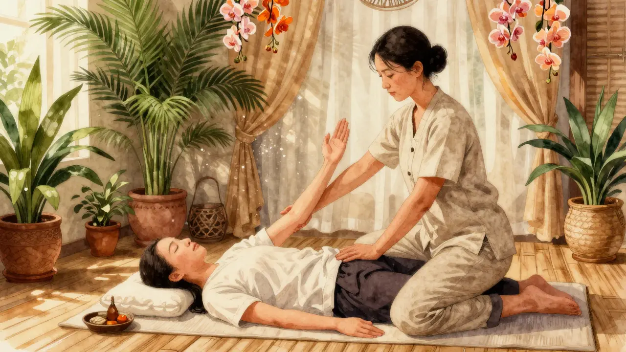 A Thai massage therapist gently stretching a client’s arm in a lush, peaceful wellness center.