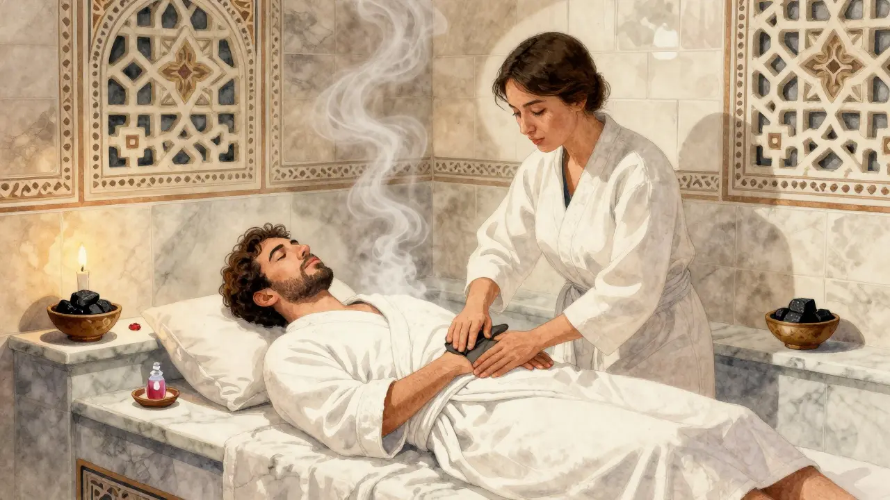 A therapist gently exfoliating a guest in a steamy traditional Arabic Hammam with tiled walls and rosewater bowls.