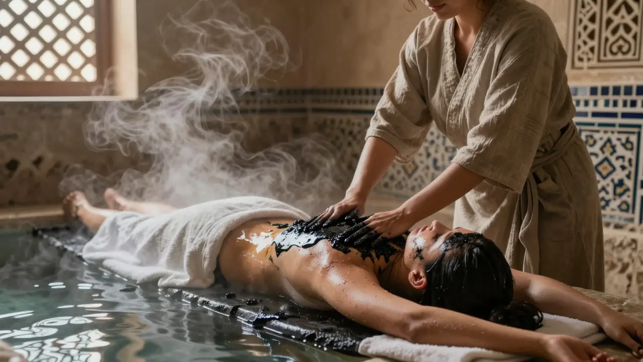 A woman receiving an Arabic Hammam ritual with steam, black soap, and traditional tilework.