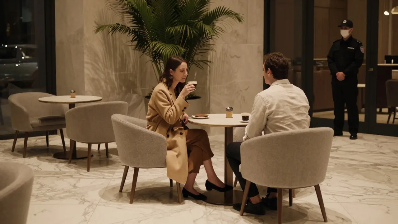 A woman sipping coffee in a luxurious hotel lobby, illuminated by soft golden light.