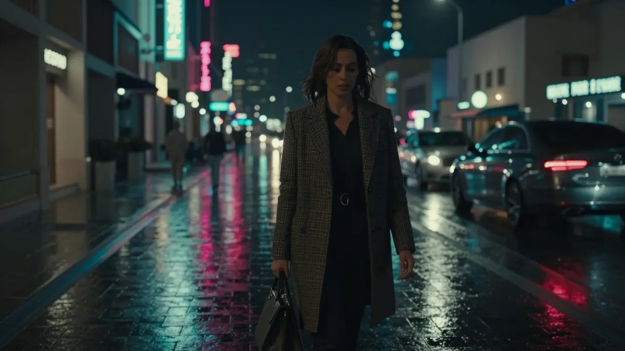 A woman walks alone under Dubai's neon lights at midnight, her face in shadow, surrounded by luxury and isolation.