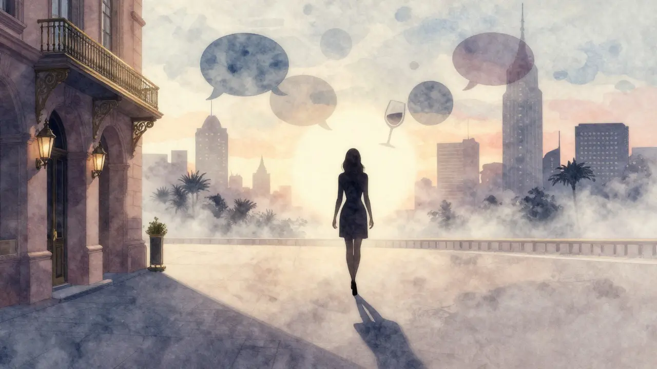 A woman walks away at dawn, her shadow blending with city lights and abstract symbols of connection.