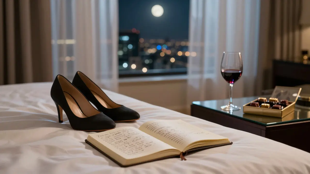 An empty luxury hotel room at night, revealing traces of a meaningful encounter through personal items and soft moonlight.