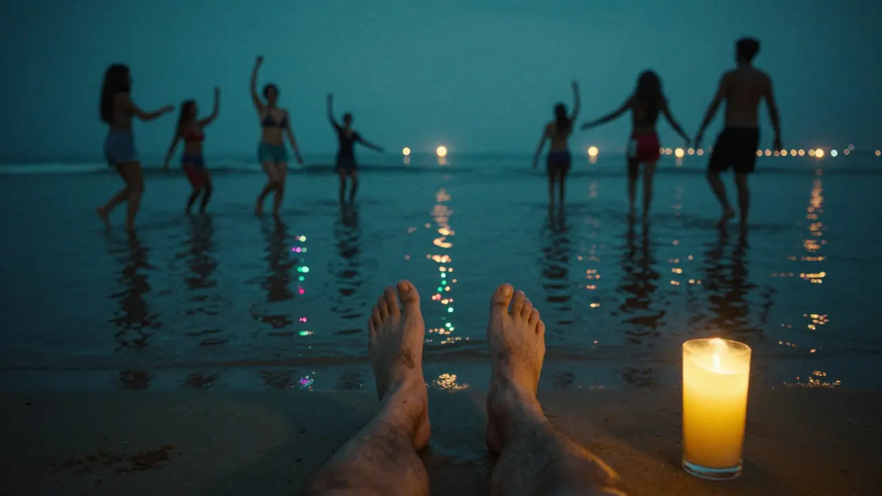 Bare feet on wet sand surrounded by reflections of pulsing underwater lights and floating lanterns.