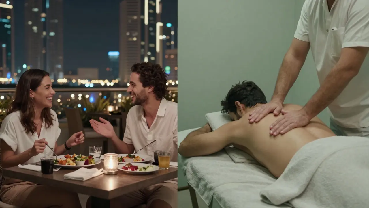 Contrasting scenes: a companion sharing dinner with a client versus a man receiving a massage in a spa.