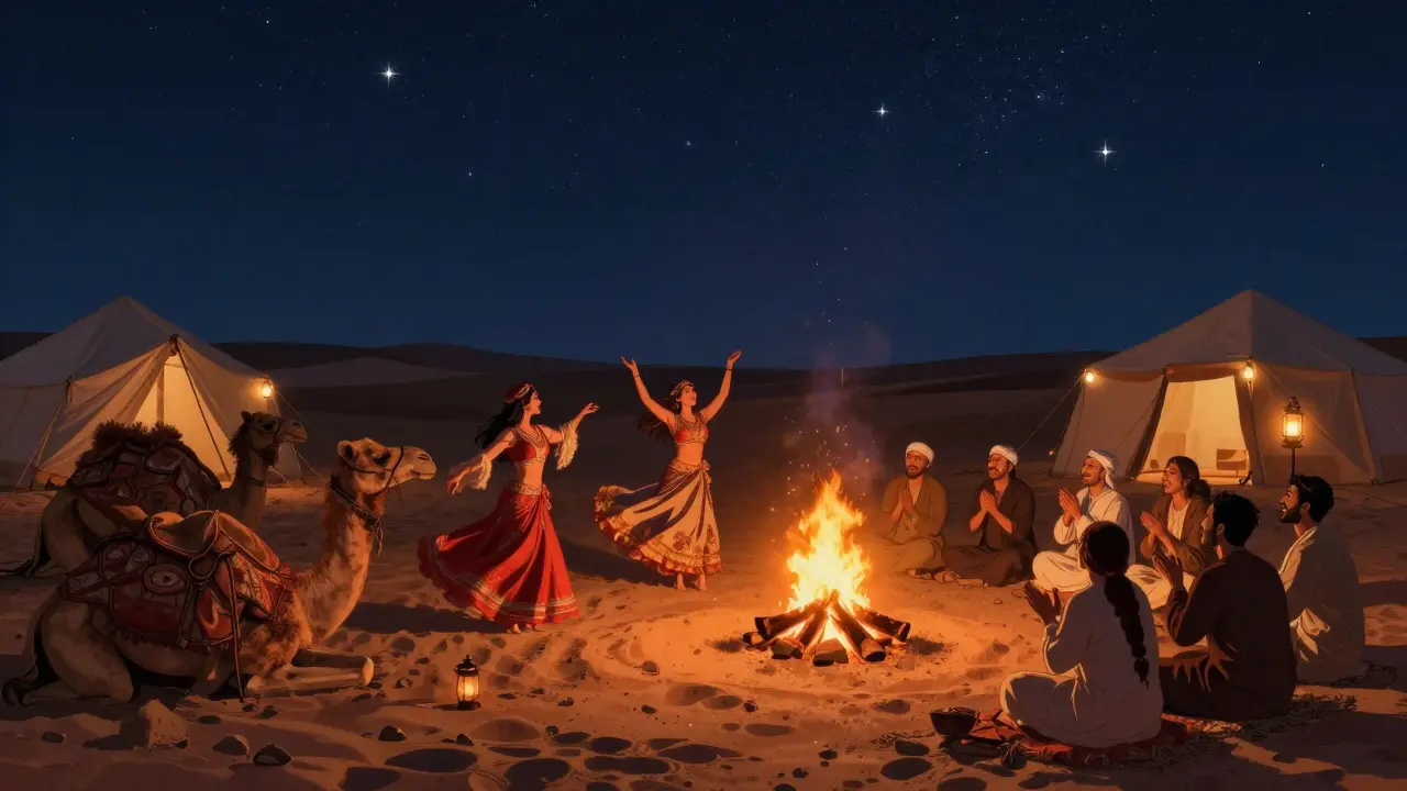 Desert camp at night with belly dancers, firelight, and camels under a starry sky.