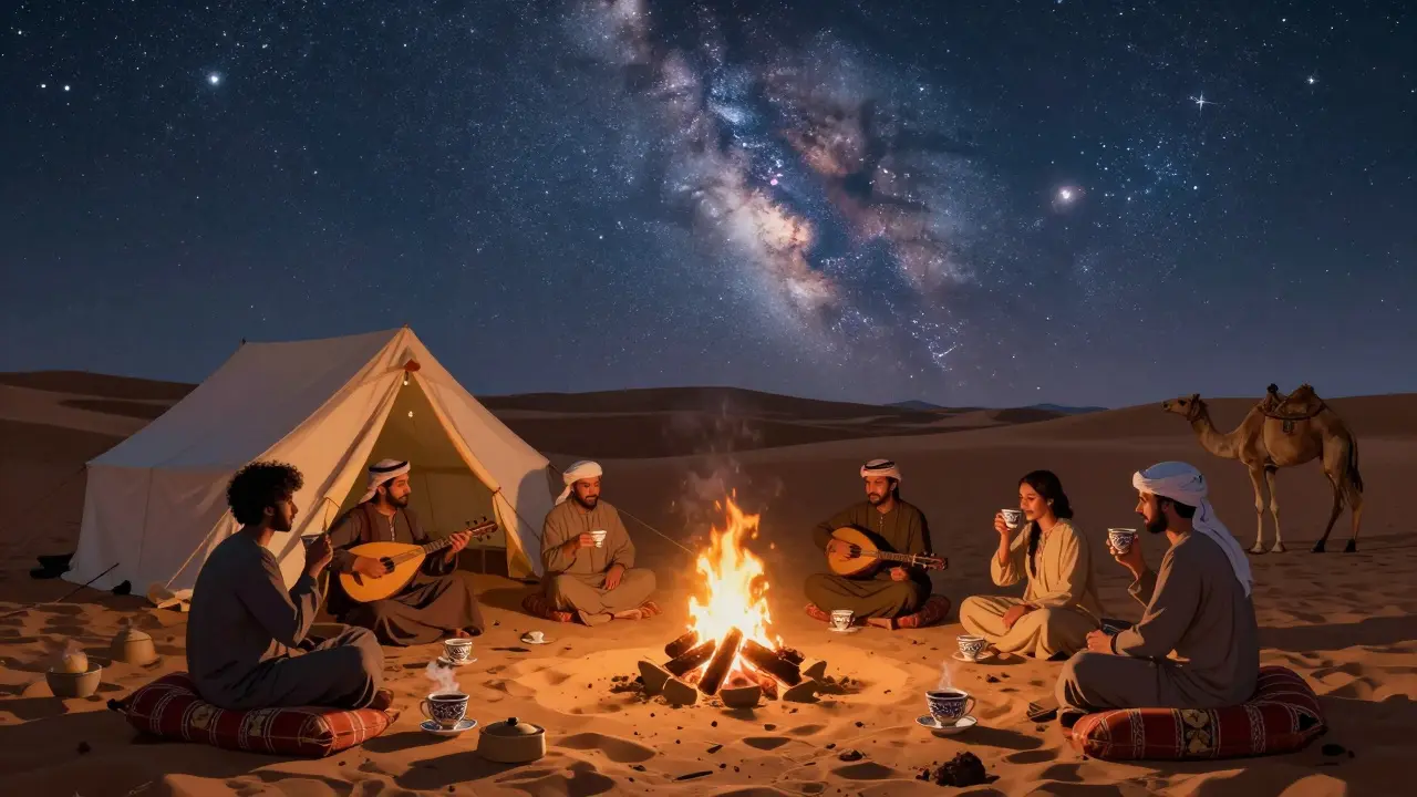 Desert camp at night with bonfire, oud music, and guests sipping coffee under a starry sky in Dubai.