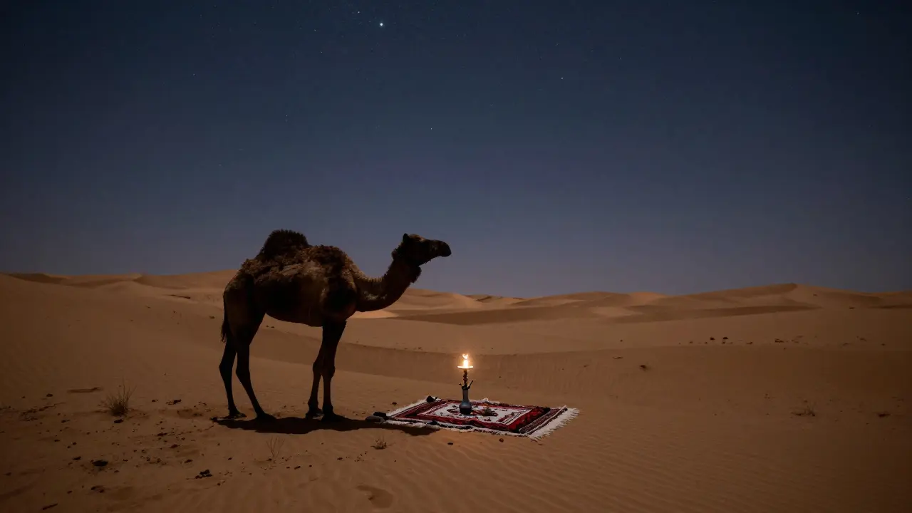 Desert night scene with camel silhouette and glowing shisha under starry skies.