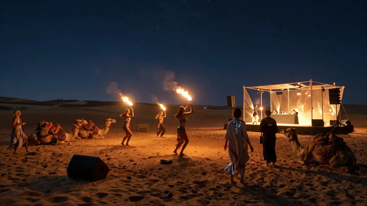 Desert rave at night with fire dancers, camels, and glowing stage under starry sky near Dubai skyline.