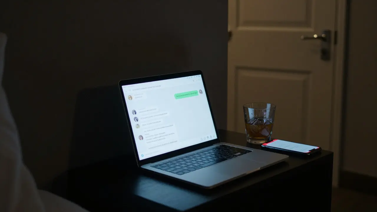 Dim hotel room with a laptop showing flirtatious messages, a cocktail glass, and phone under blue screen light.