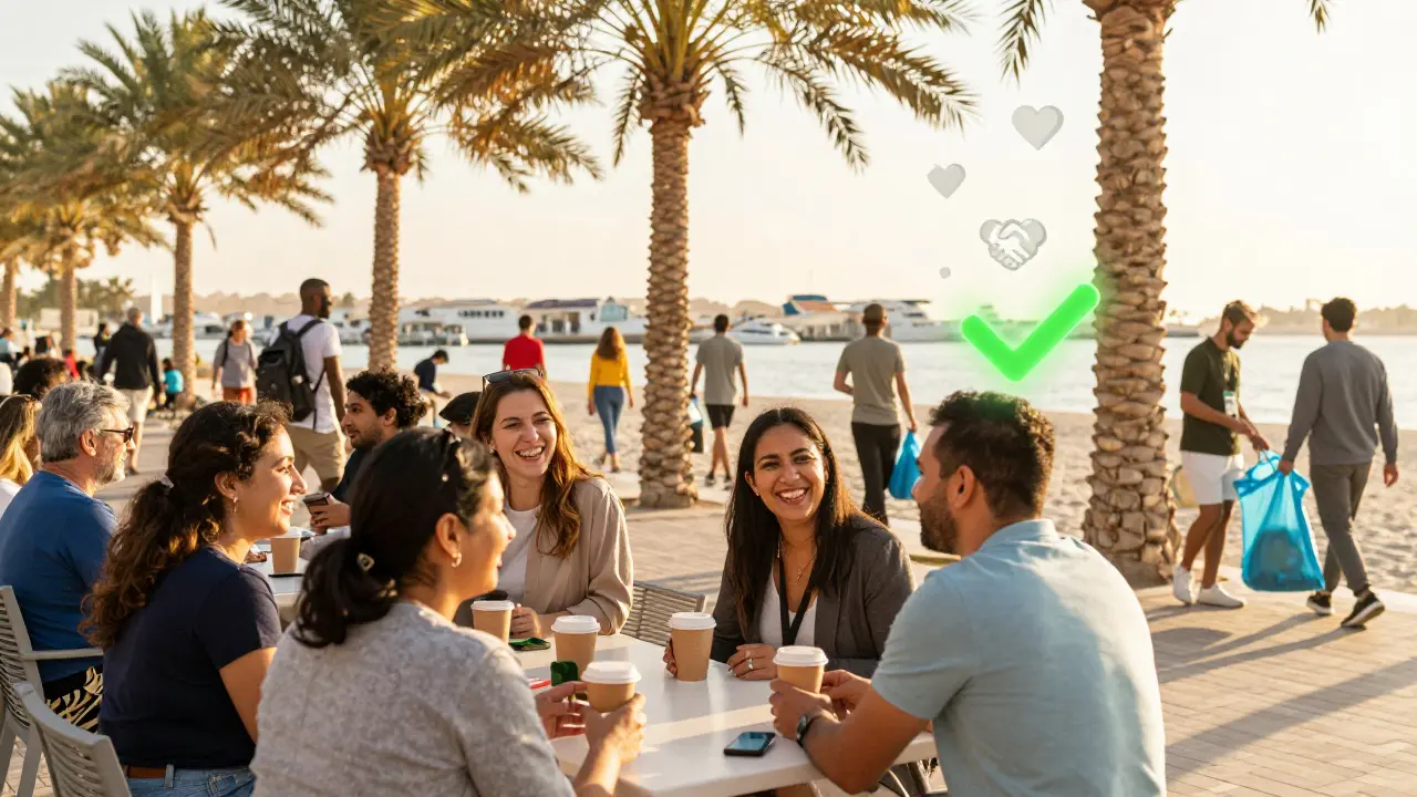 Diverse group of people socializing at a Dubai outdoor meetup with warm sunlight.