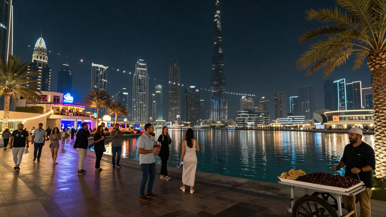 Dubai Marina promenade at midnight with neon lights, people walking, and the Burj Khalifa glowing in the distance.