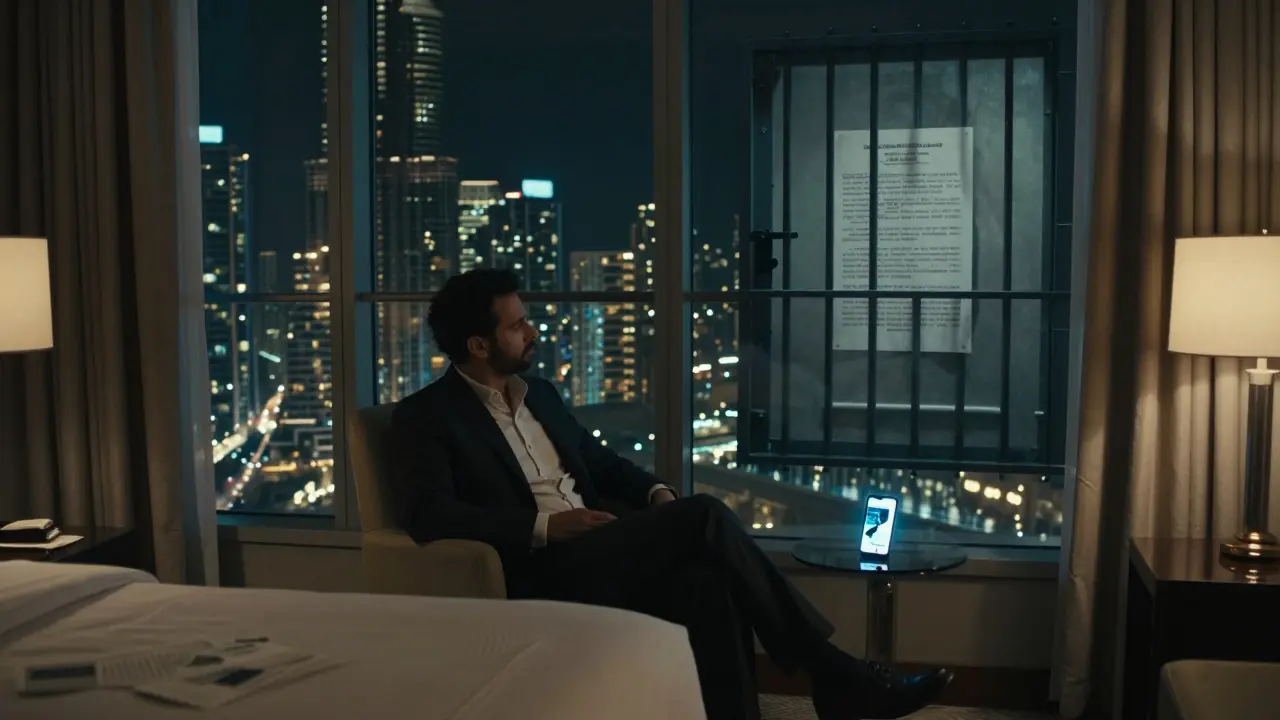 Expatriate in luxury hotel room, reflection reveals prison and deportation papers.