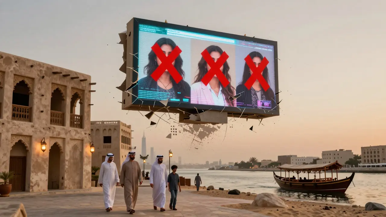 Fading digital escort ad dissolving above Bur Dubai's historic district with real families walking below.