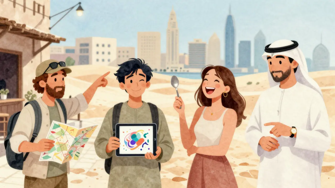 Four diverse individuals in Dubai each embodying unique playful, intellectual, wanderer, and quiet connection styles against a soft cityscape.
