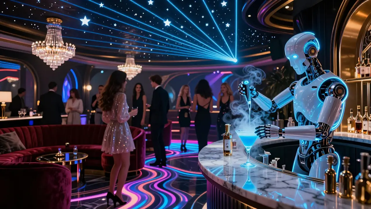 Futuristic nightclub with neon ceiling, robotic bartender, and guests dancing on color-shifting floors.