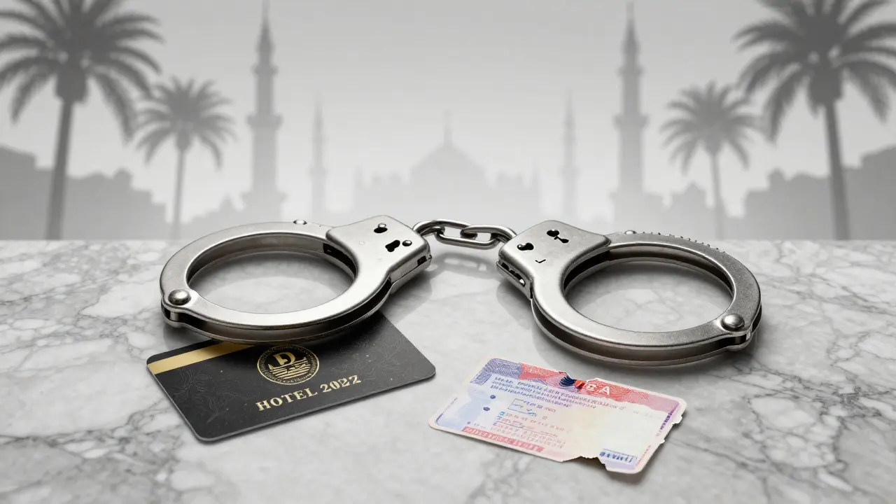 Handcuffs beside a hotel keycard and torn visa stamp on marble floor, symbolizing legal consequences in UAE.