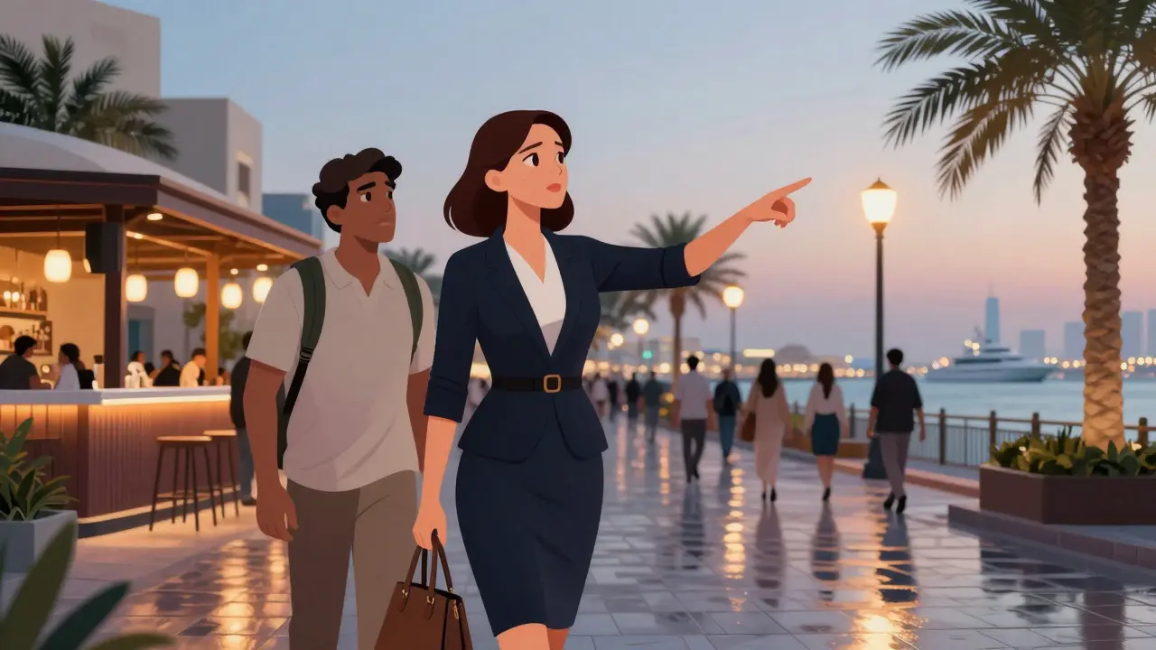 Professional companion guiding a traveler through Dubai Marina at dusk toward a glowing rooftop bar.