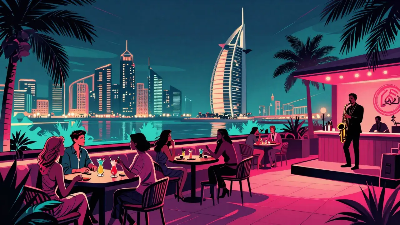 Rooftop lounge in Dubai with guests, live saxophone, and city lights in the background.