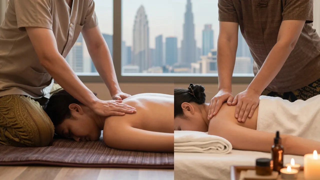 Split image contrasting Thai massage on floor with Swedish massage on table in Dubai settings.