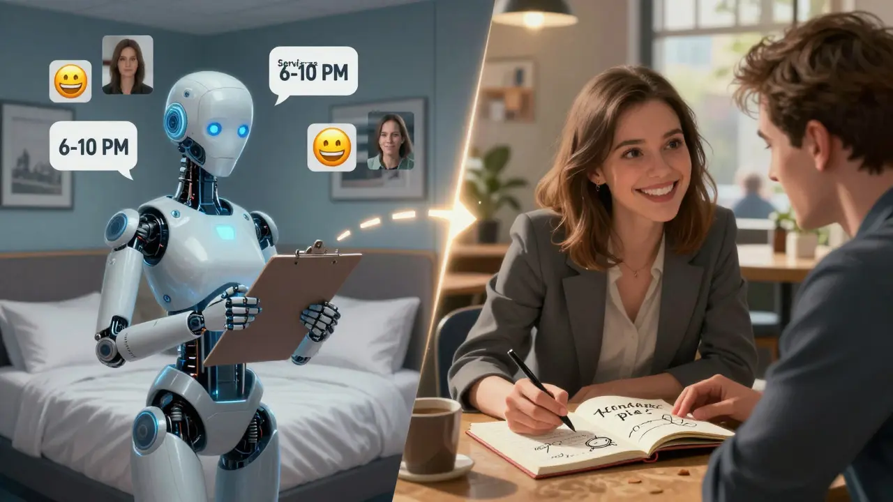 Split-screen contrast: robotic transaction on left, warm human connection on right, linked by glowing laughter lines in a cinematic style.