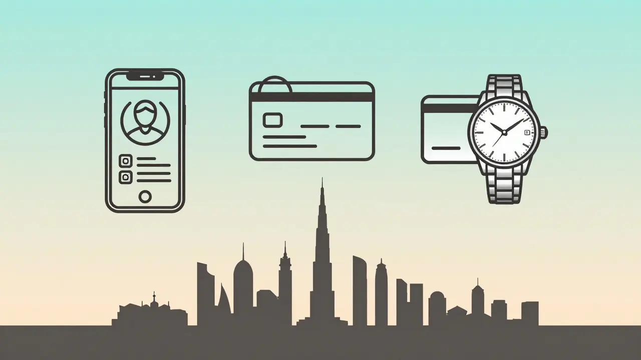 Three minimalist icons representing discreet Dubai companion services: smartphone, hotel keycard, and wristwatch above skyline.