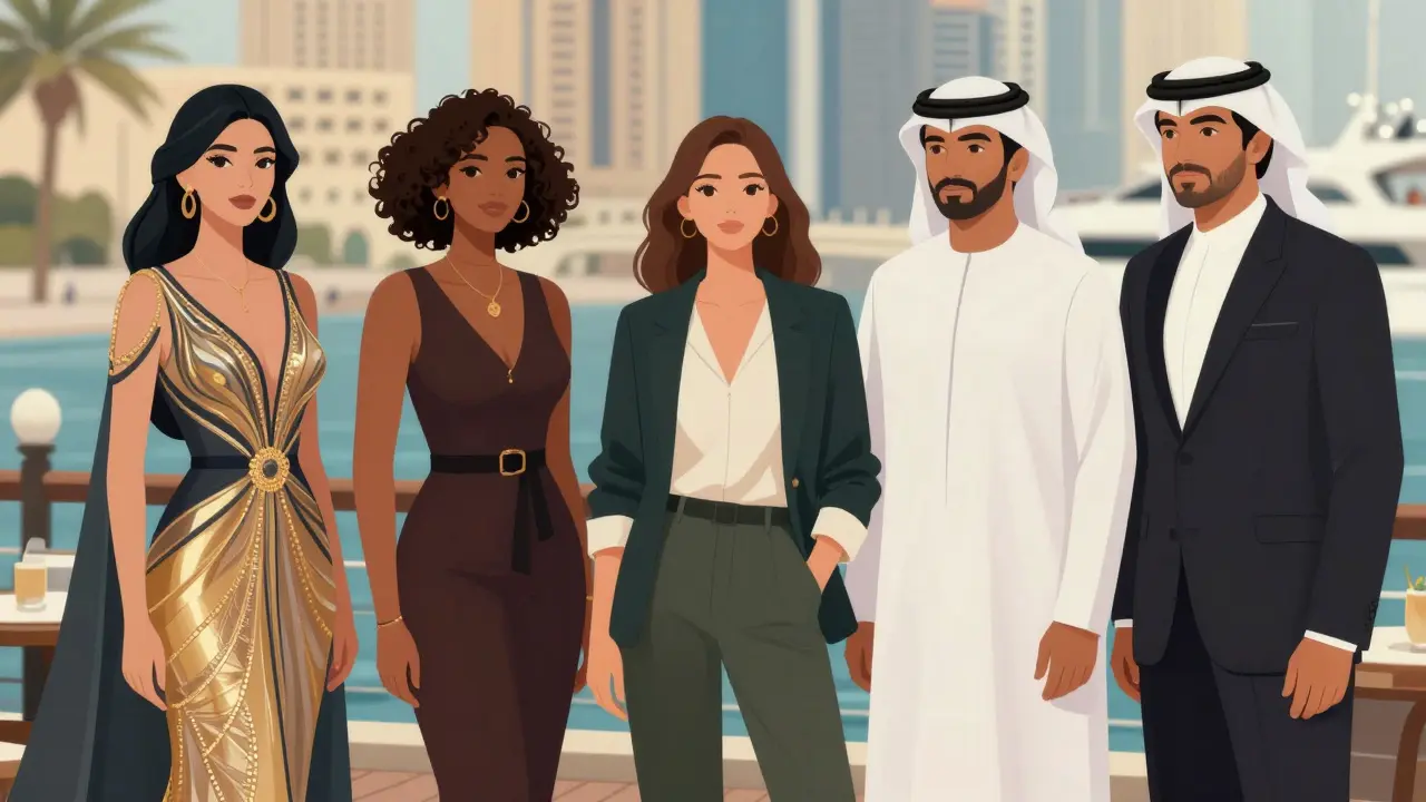 Three professional companions in different settings across Dubai — gala, café, and yacht — each exuding quiet confidence.
