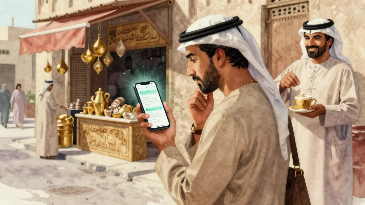Tourist glancing at a phone with a suspicious message while a local offers coffee in Bur Dubai.