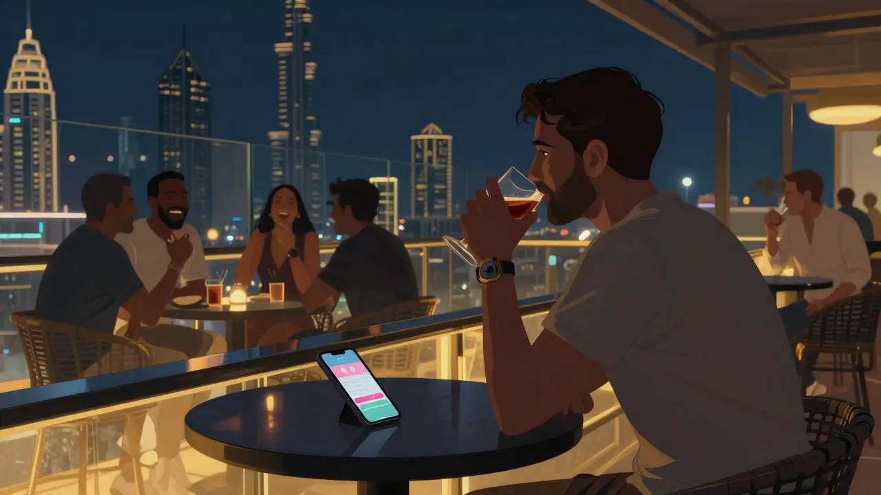 Traveler at a rooftop bar in Dubai, looking at a muted dating app on their phone.