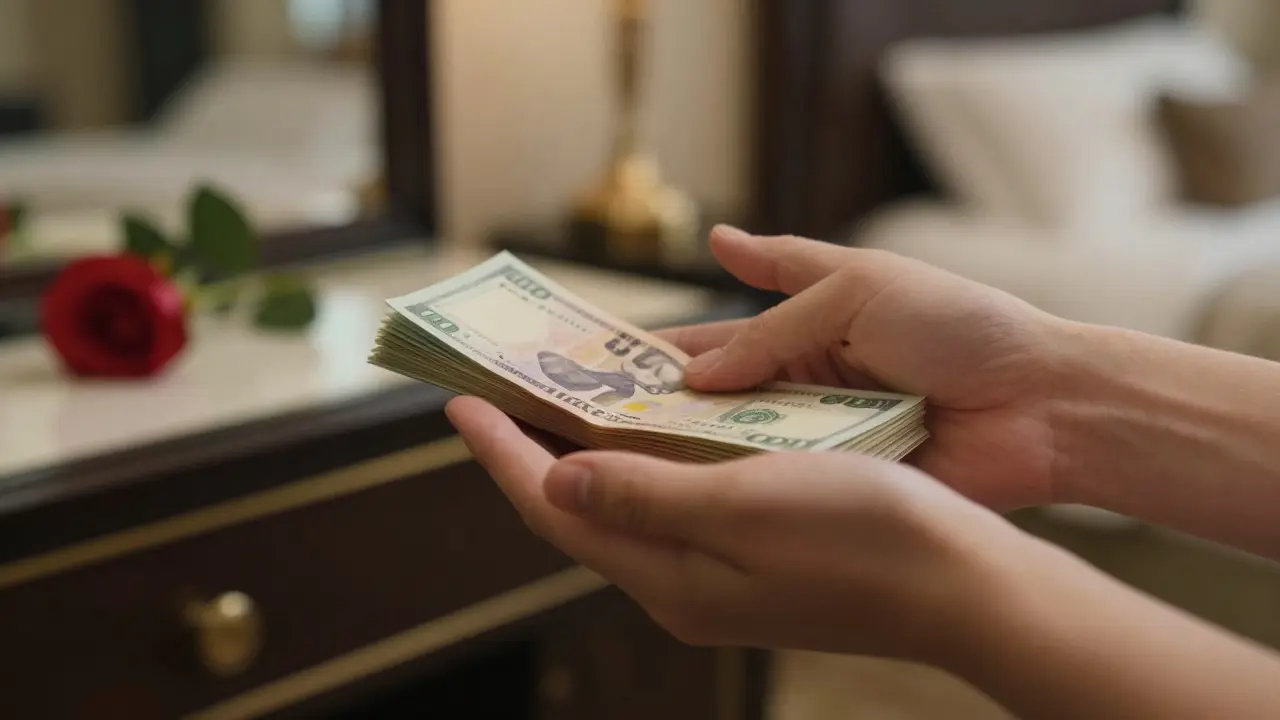 Two hands exchange cash in a luxury hotel room, a rose resting on the dresser in the background.