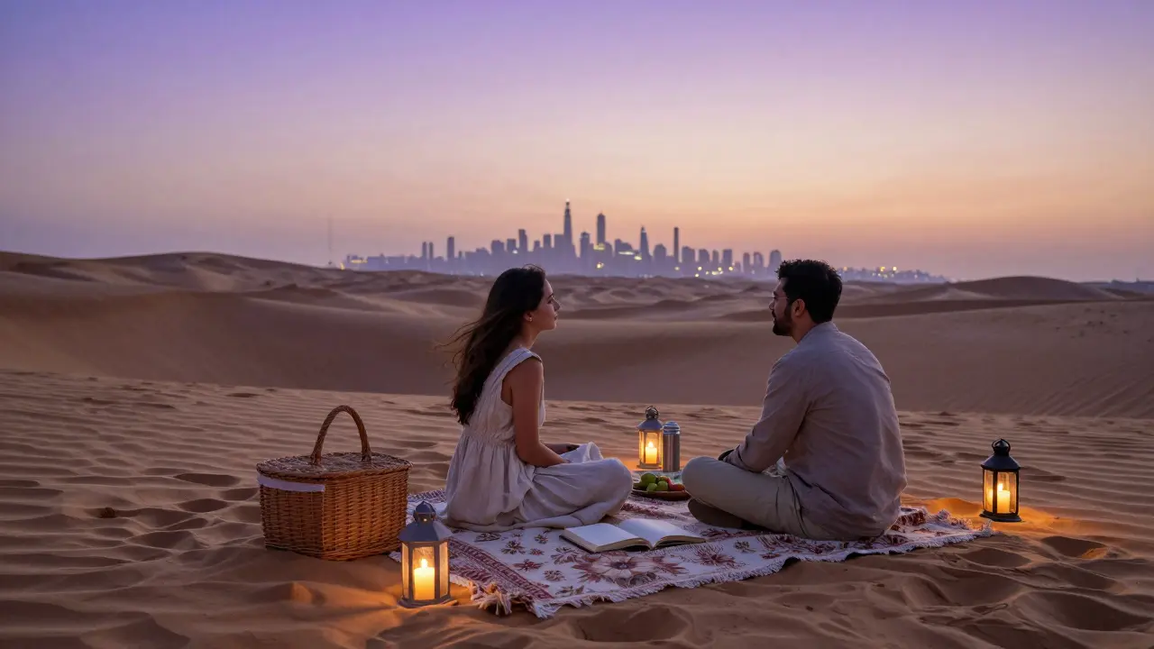 Two people enjoying a peaceful desert picnic at sunset with lanterns and dunes in the background.