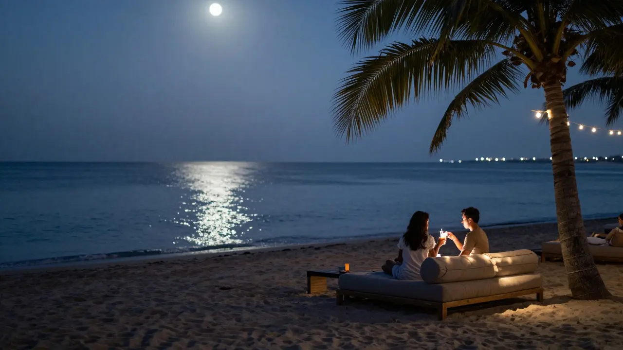 Two people relaxing on a beach lounge at night with calm ocean waves in the background.