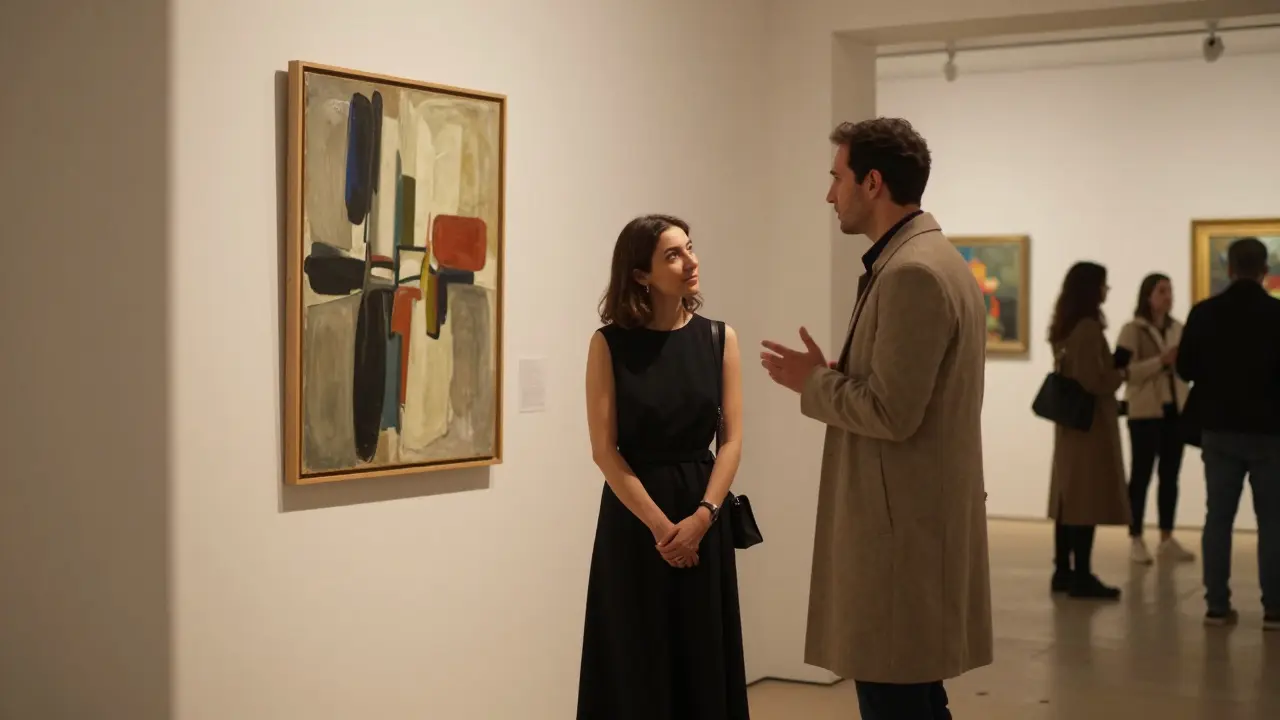 A couple discussing art in a Dubai gallery, warm lighting, subtle cultural ambiance.