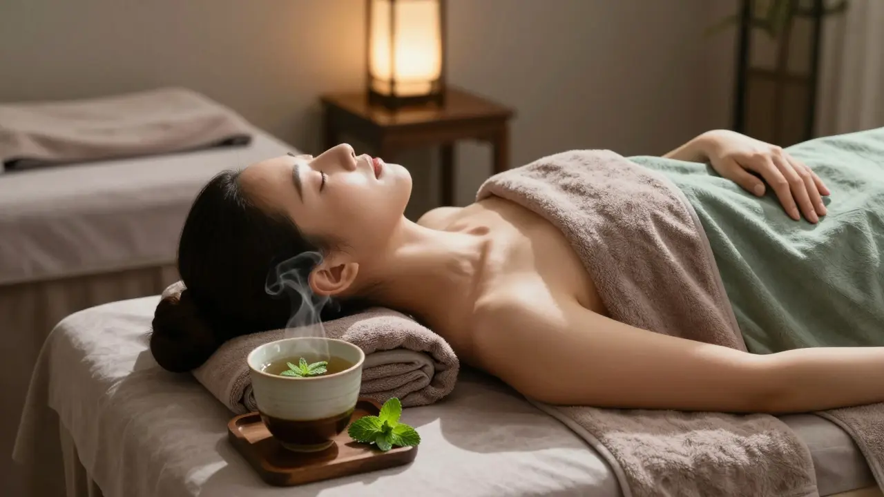 A guest relaxing after a massage, wrapped in a warm towel with mint tea nearby.
