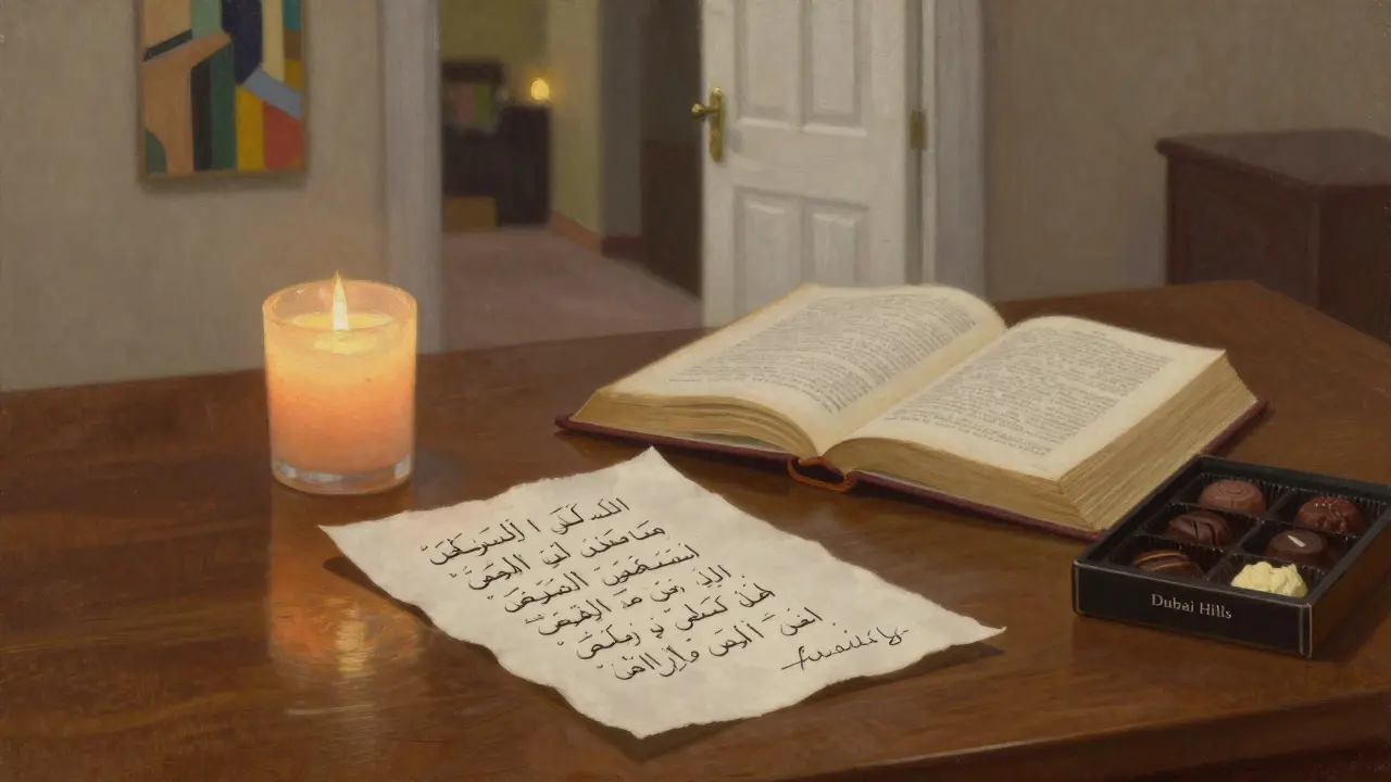 A handwritten note, vintage poetry book, and chocolates rest on a desk with a candle, evoking intimacy and thoughtfulness.