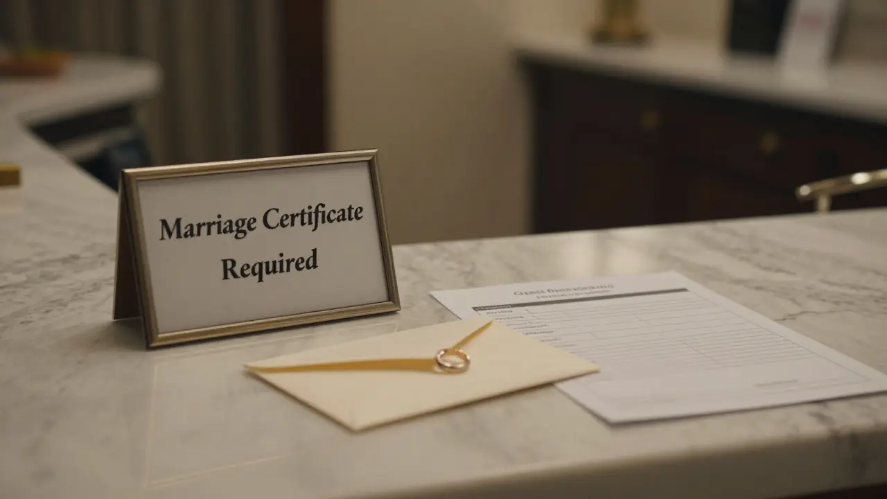 A hotel reception desk with a sign requesting marriage proof and an envelope containing a wedding ring.