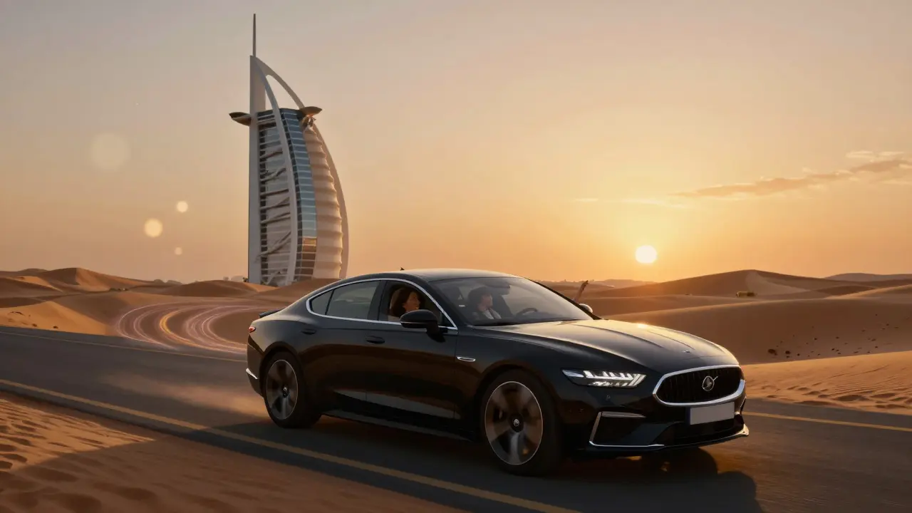 A luxury car cruising along the Palm Jumeirah at sunset, passenger pointing toward the horizon under a glowing desert sky.