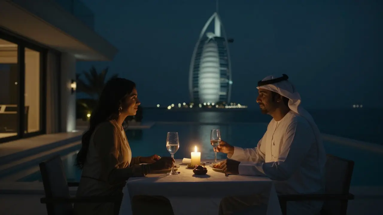 A married couple dining privately on a villa terrace in Dubai, lit by candlelight with the sea beyond.