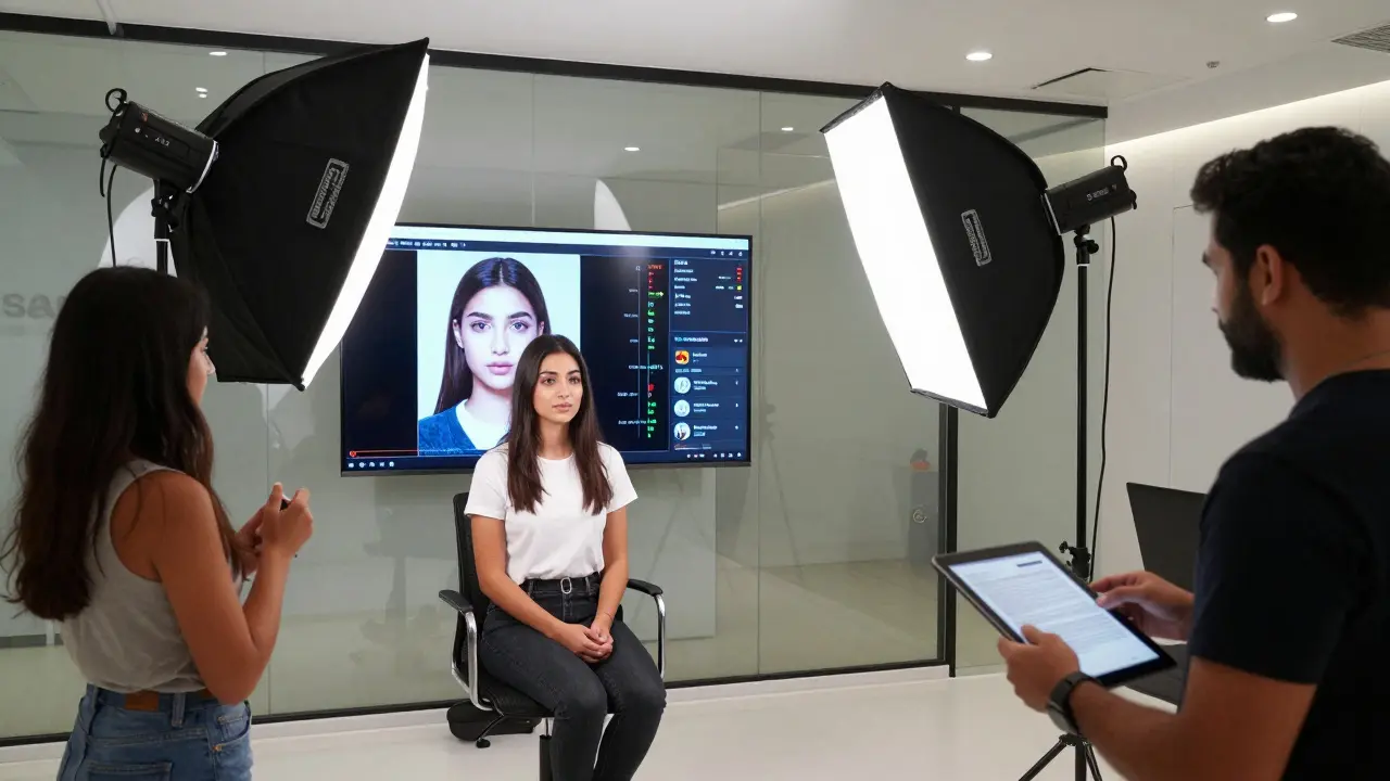 A model being photographed in a Dubai agency casting room with digital analytics on screens.