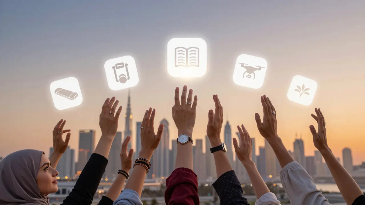 A mosaic of hands reaching toward digital symbols of ambition, set against Dubai's sunset skyline.