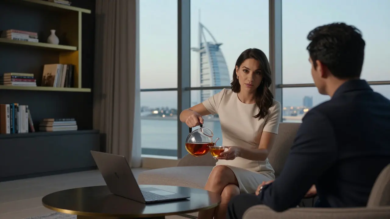A professional companion and client having a thoughtful conversation in a modern Dubai apartment, no devices visible, natural light streaming in.