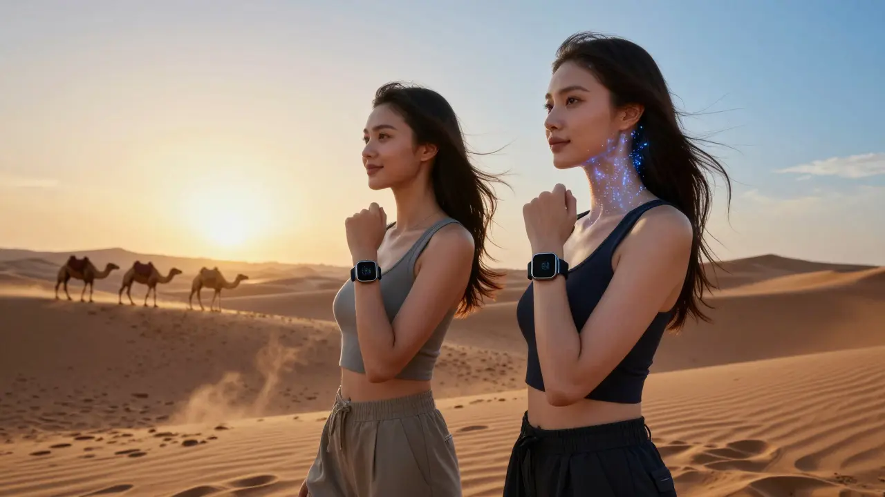 A real model and her digital twin posing together in the Dubai desert at sunset.
