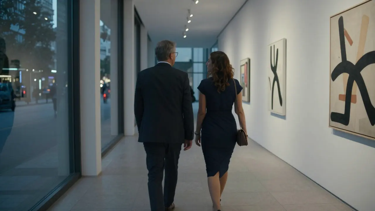 A refined companion walks thoughtfully beside a client through an art district at dusk.