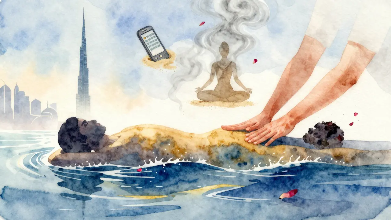 A silhouette dissolving into calming waves and smoke, symbolizing stress release during a massage in Dubai.