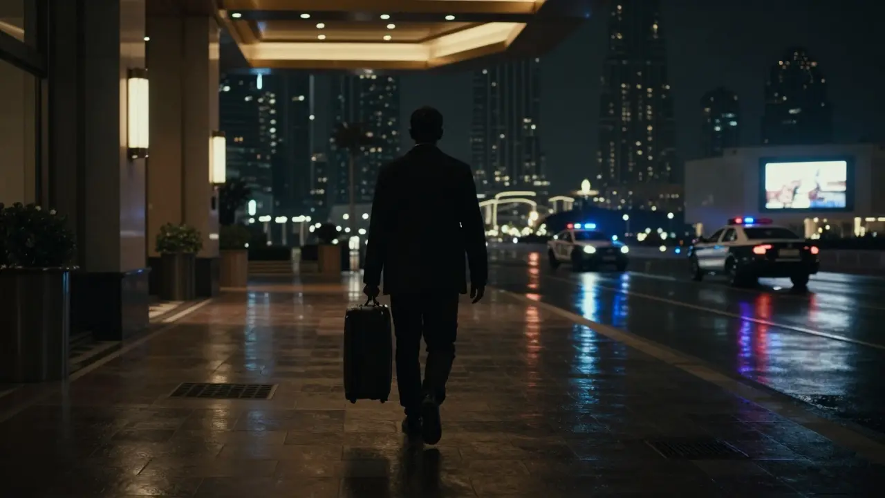 A silhouette leaving a luxury hotel at night, distant police lights reflecting on wet ground, skyline in background, mood of caution.