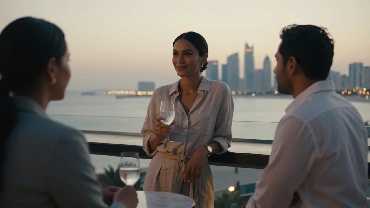 A woman and client watch the sunset from a rooftop bar in Dubai, sharing peaceful silence as the city lights up.