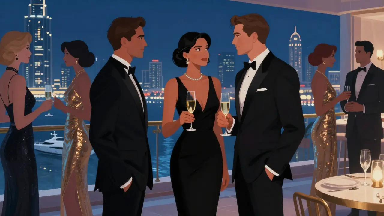 A woman in an evening gown attending a glamorous rooftop gala in Dubai with a male client.