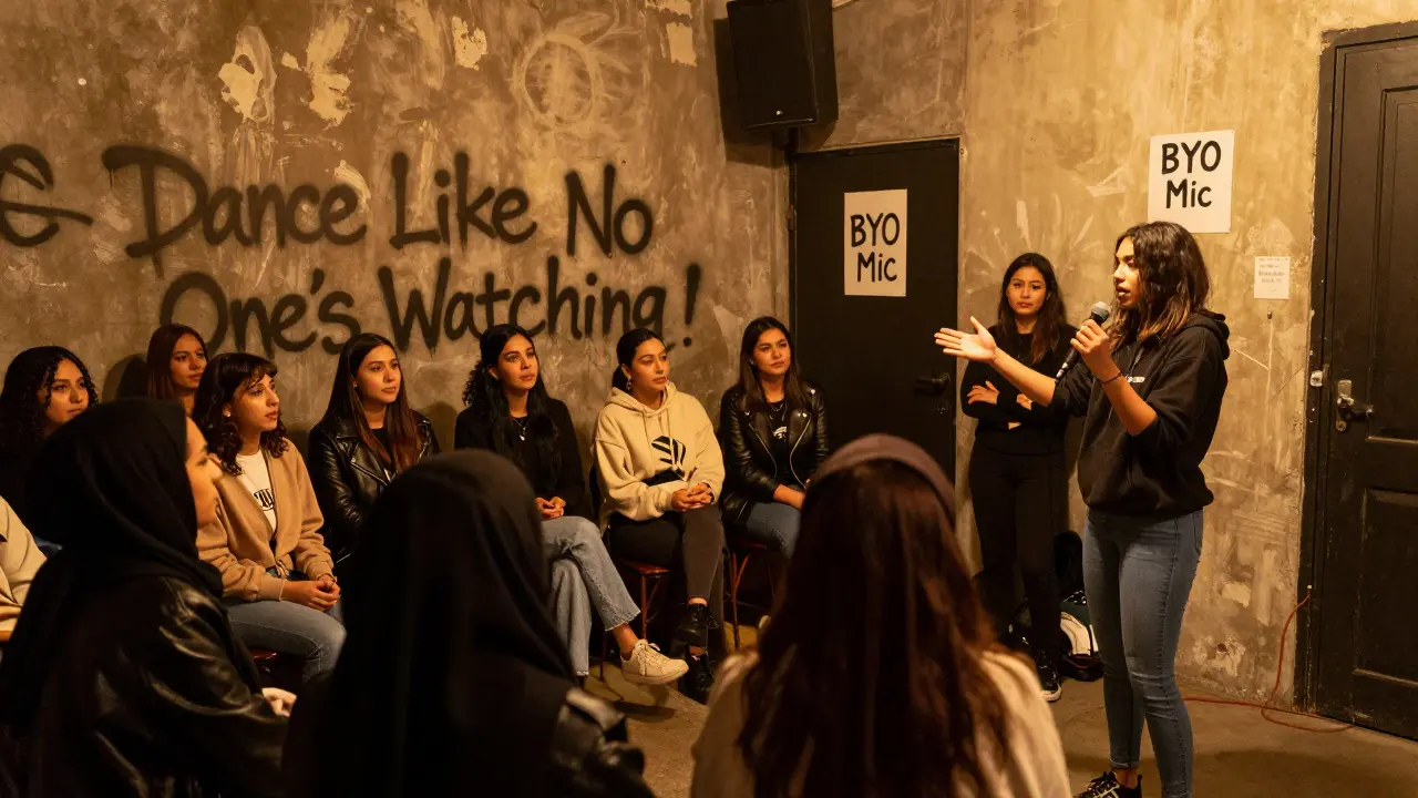 A woman performing spoken word at a warehouse venue, surrounded by an attentive crowd of women.