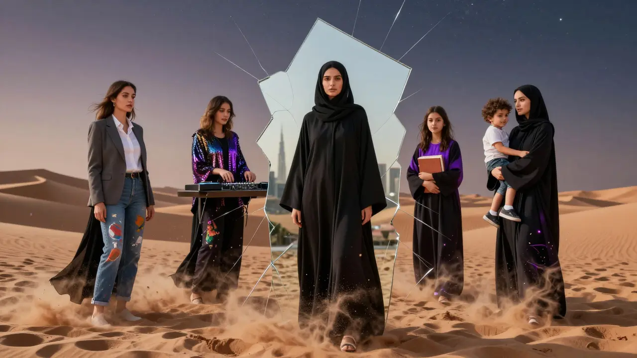 A woman reflecting five identities—lawyer, artist, DJ, student, mother—her abaya dissolving into sand and neon.